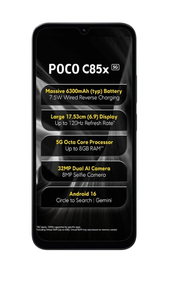 POCO C85x 5G Smartphone, Elite Black, 6.9 Inch Display, 32MP Dual AI Camera, 6300mAh Battery, 64GB Storage, 4GB RAM, Android 16
